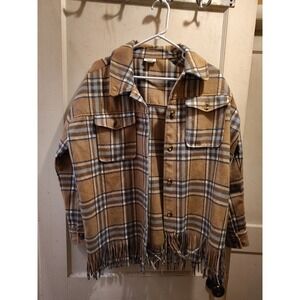 Ana Women's Brown Plaid Fringe Waist Button Down Jacket Size M